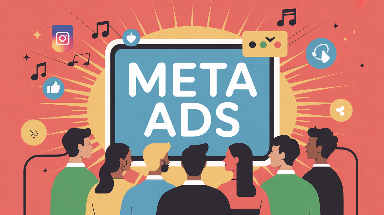 Illustration meta ads avec écran digital et utilisateurs