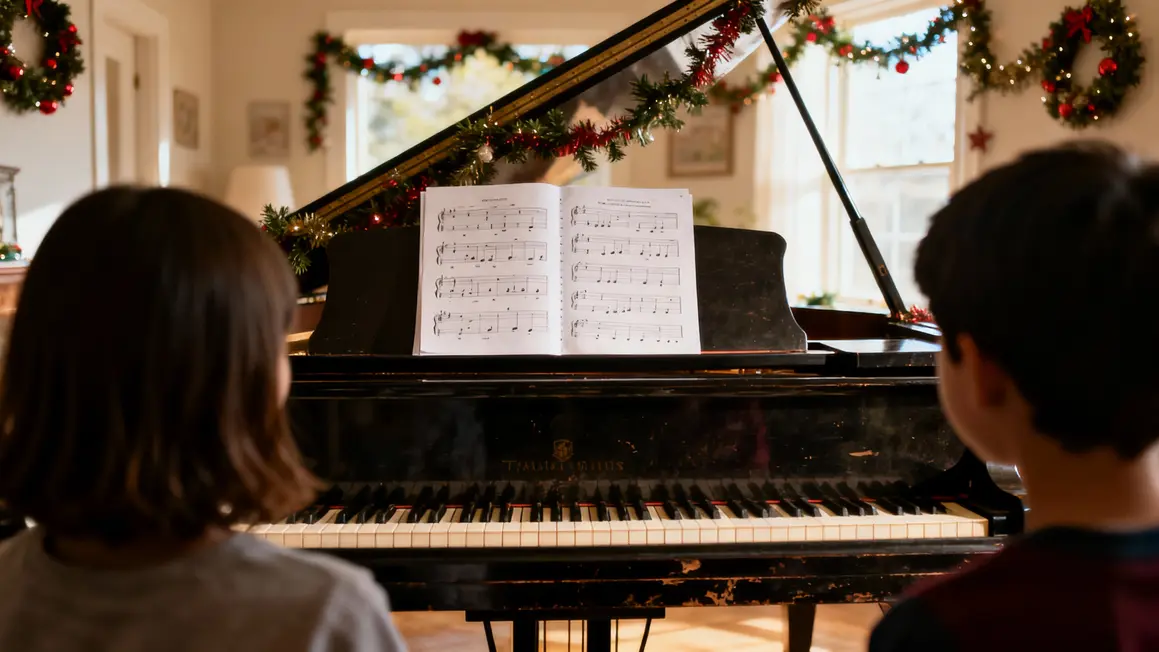 Piano débutants partitions chansons enfants dans décor festif
