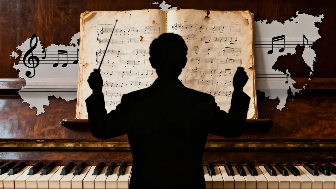 Partition ancienne et chef orchestre silhouette Russie musique