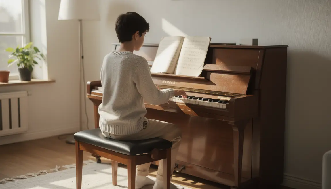 Piano débutant dans salon lumineux, ambiance d'apprentissage musical