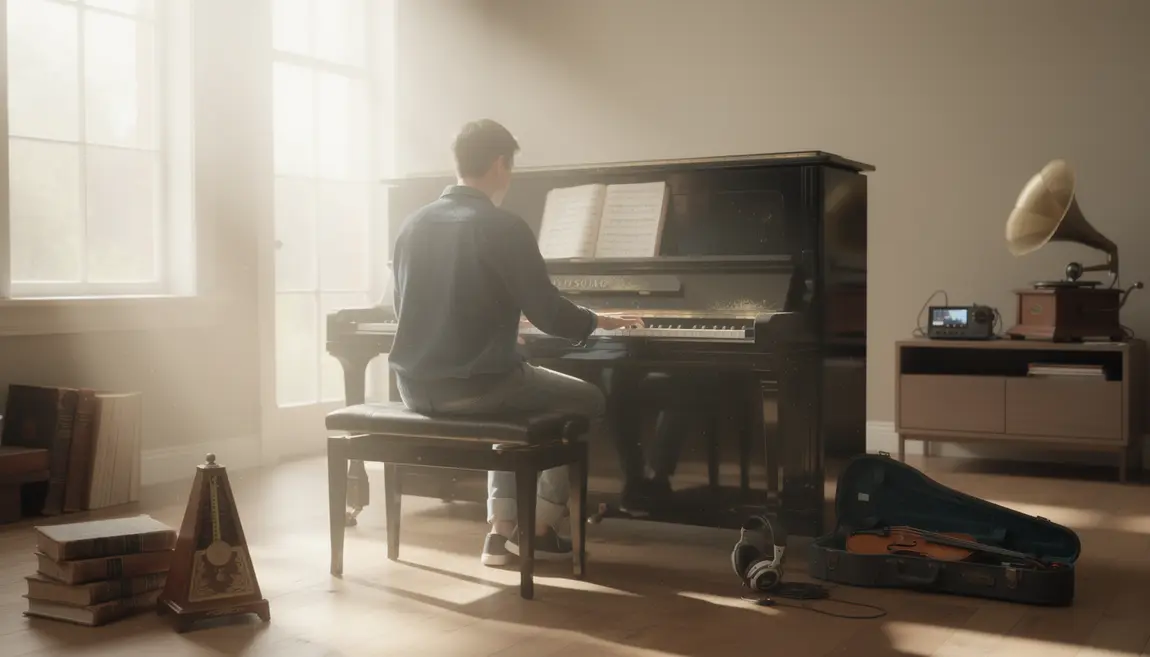 Piano moderne photoréaliste avec partitions et objets d'époques
