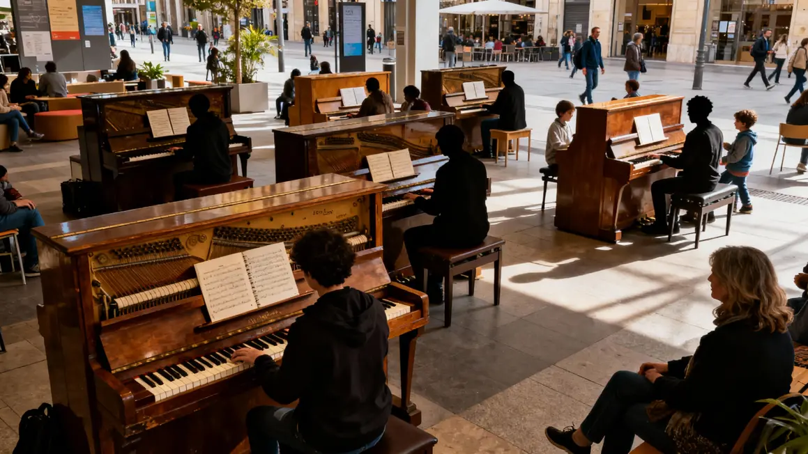 Scène d'espace public avec pianos libres et public varié