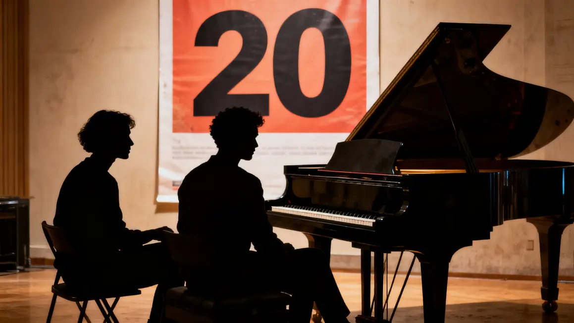 Trois silhouettes devant piano classique ambiance 20e siècle