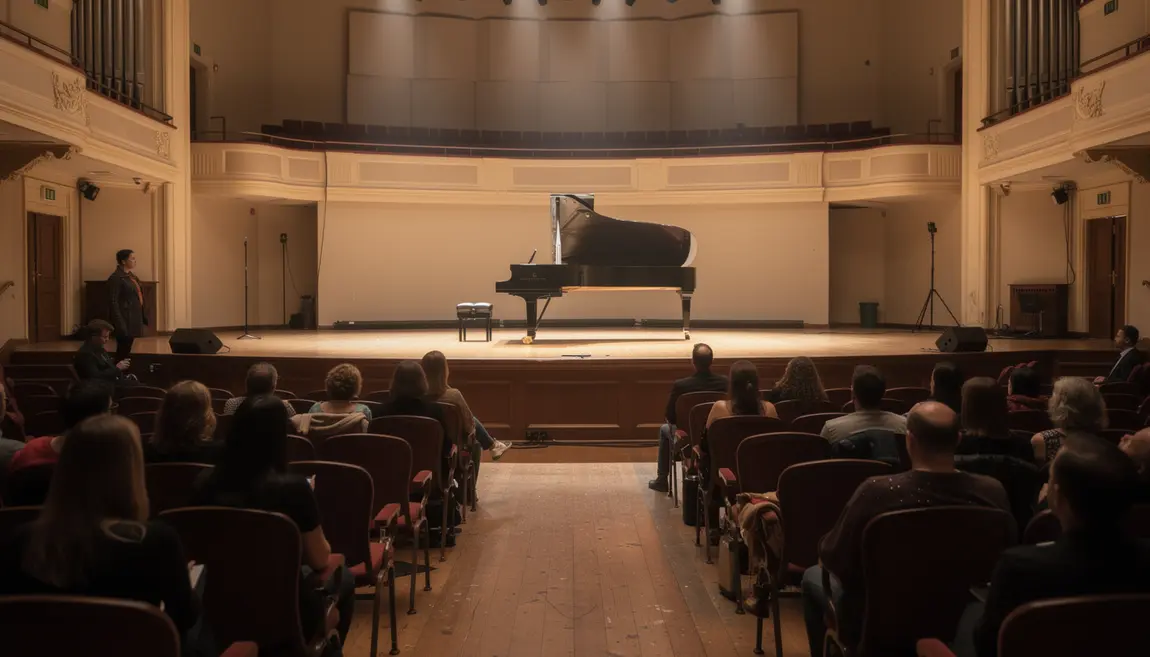 Salle de concert élégante avec piano à queue et public