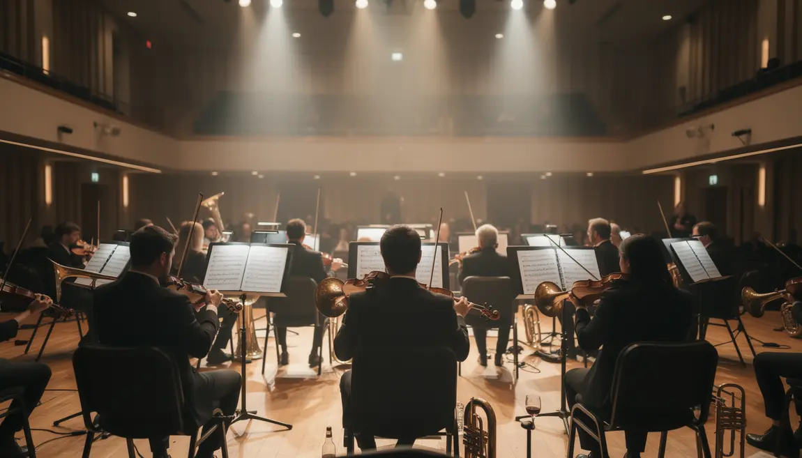 Orchestre symphonique en repetition salle moderne partitions ouvertes