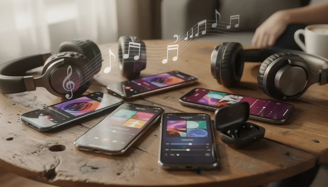 table avec smartphones casques streaming musical 2026
