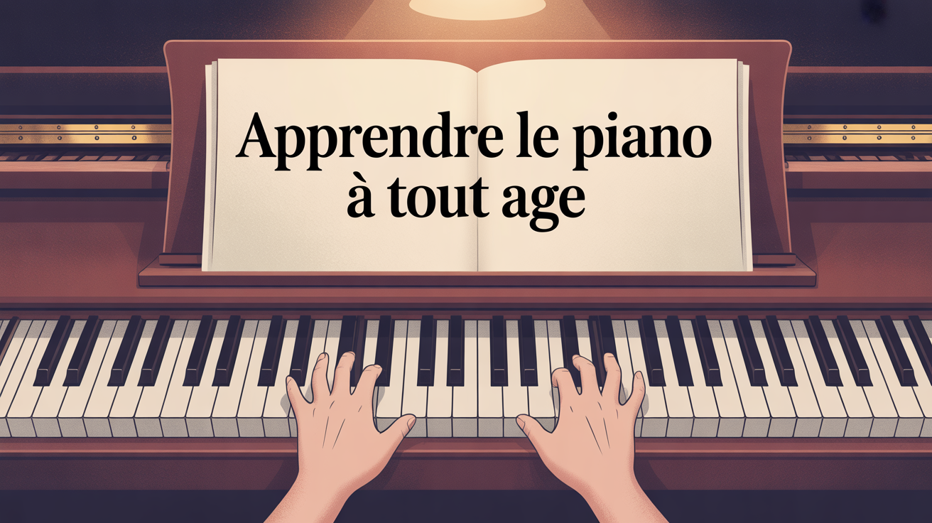 Illustration apprendre le piano à tout âge ambiance chaleureuse