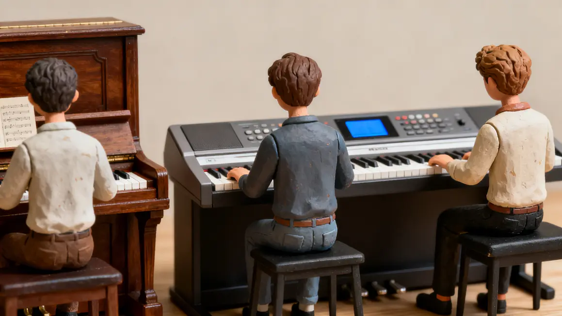 Piano droit, piano numérique et clavier électroniques alignés