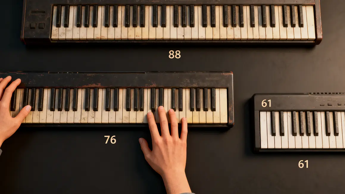 Claviers 88, 76 et 61 touches comparés, vue de dessus