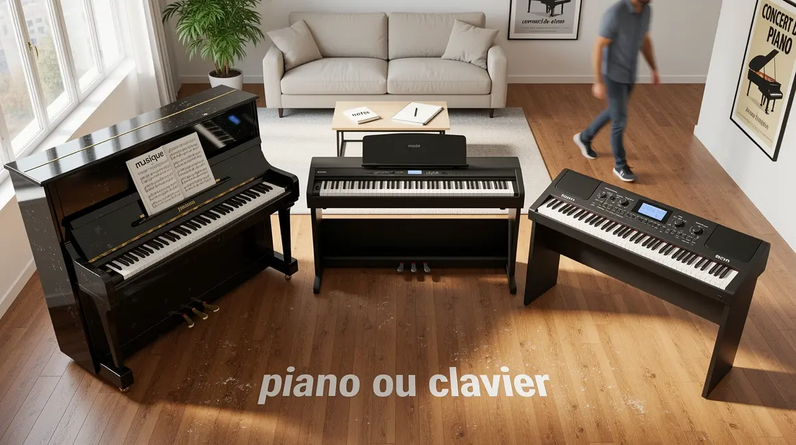 Piano acoustique, numérique et clavier côte à côte dans un salon lumineux