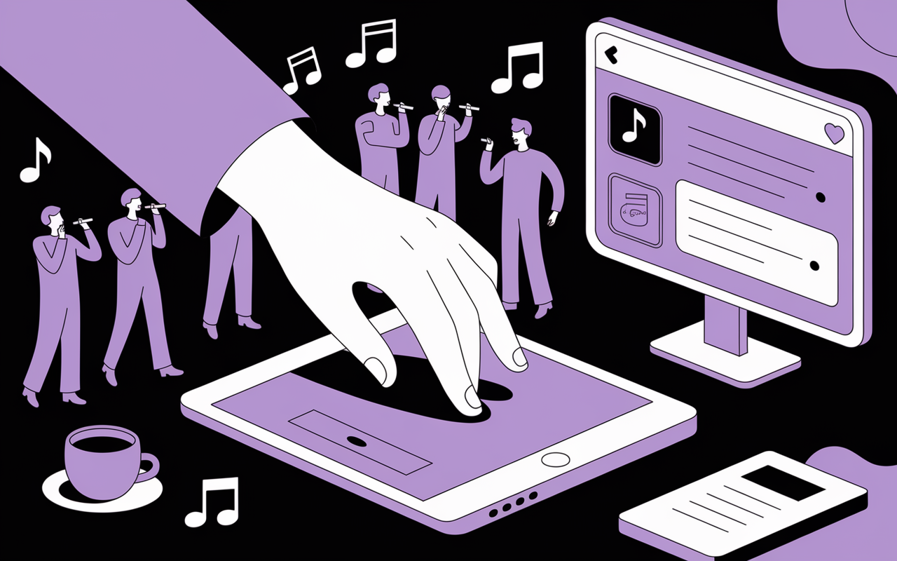 Main sélectionnant sur tablette youzic .com playlist karaoke