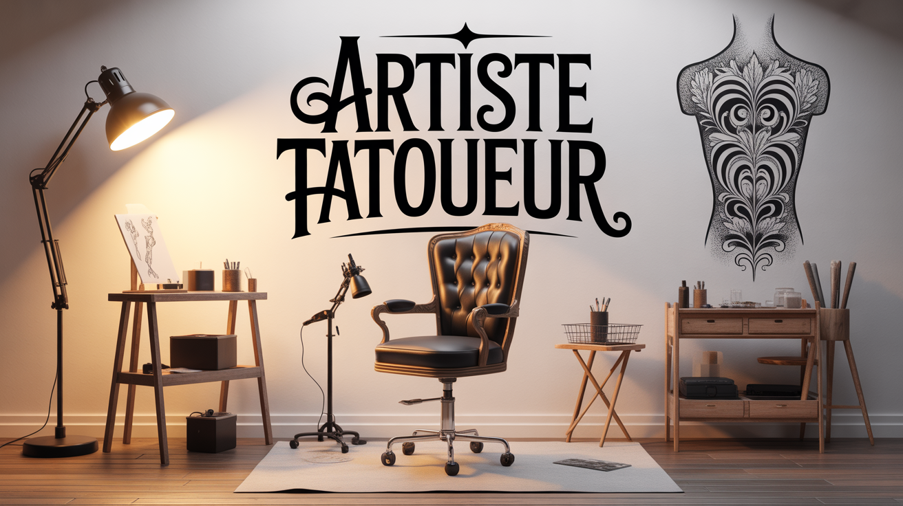 Artiste tatoueur fauteuil et matériel studio