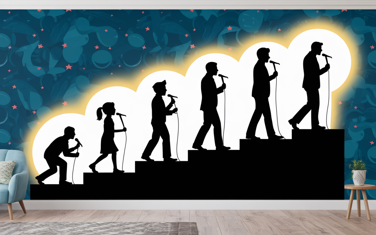 Parcours humoriste noir évolution scène escaliers