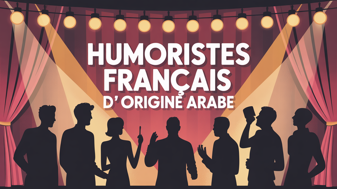Scène stand-up humoristes français arabes silhouettes
