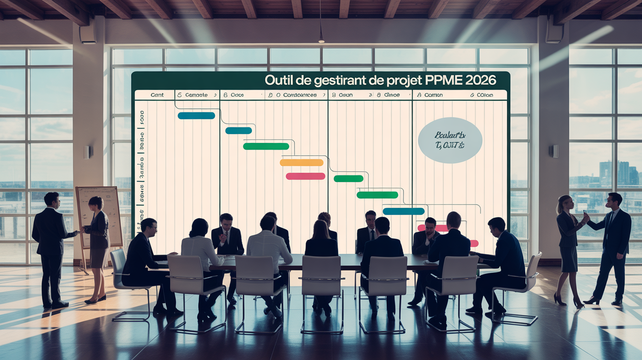 Salle de réunion moderne avec outil de gestion de projet PME 2026