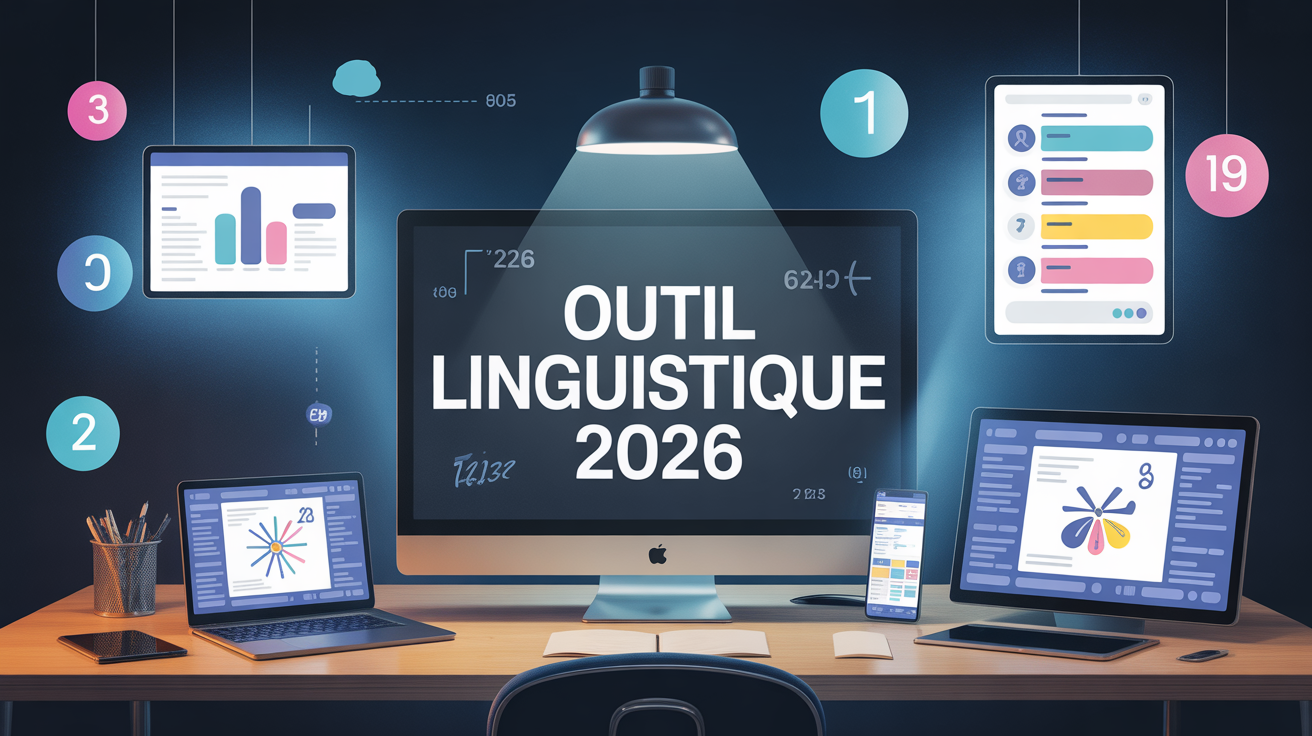 illustration bureau moderne avec outils linguistiques