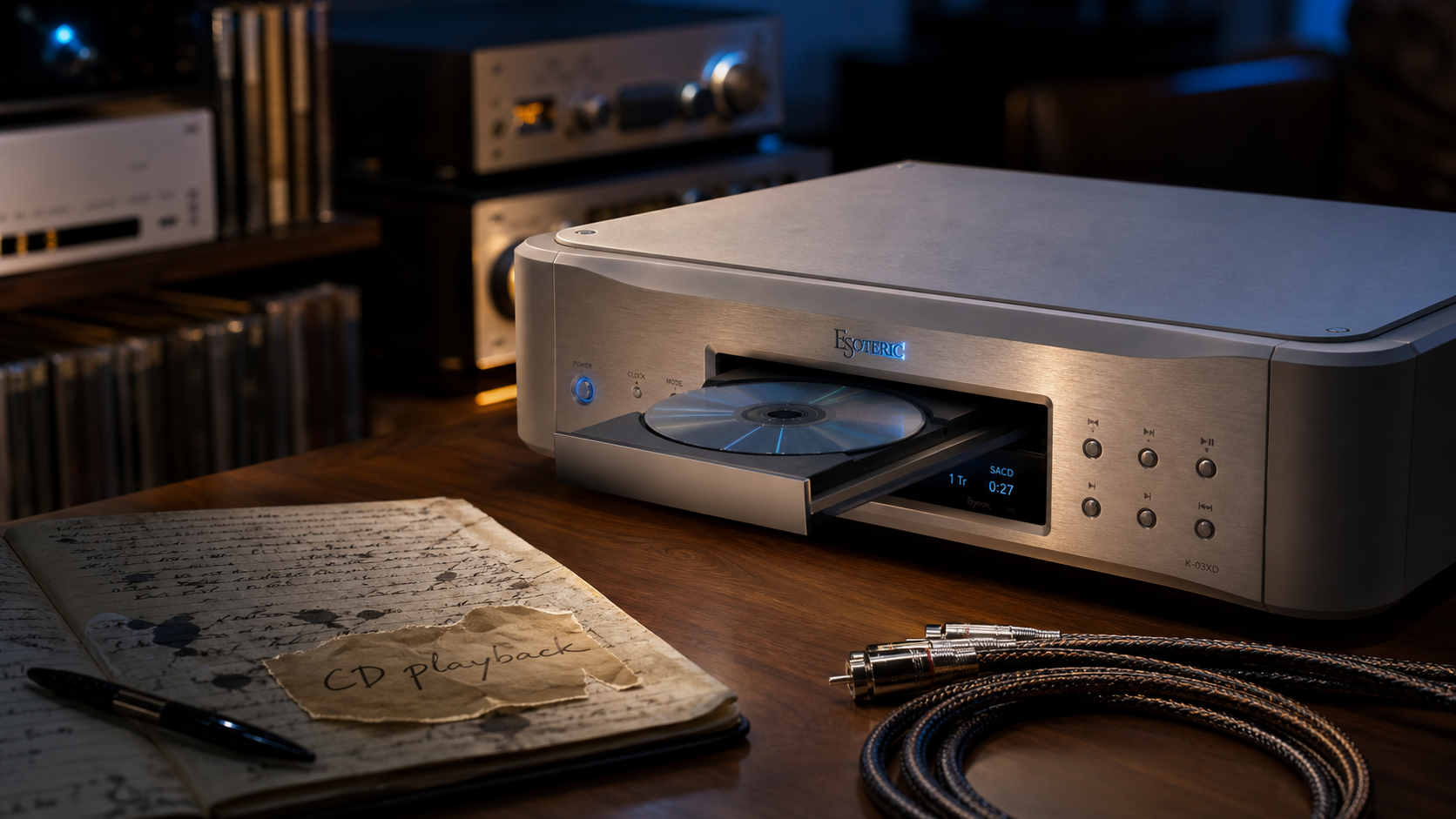 cd playback : platine CD/SACD haute-fidélité sur bureau avec câbles et carnet