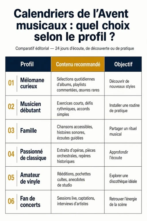 Tableau comparatif des types de calendriers de l'Avent musique pour choisir le modèle idéal
