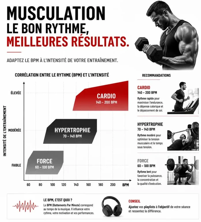 Infographie des recommandations de BPM et genres musicaux pour la musculation et la performance sportive