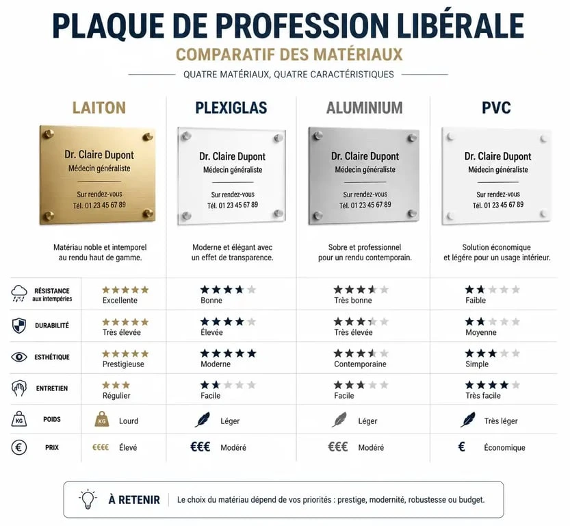 Comparatif des matériaux pour plaque de profession libérale : laiton, plexiglas, aluminium et PVC