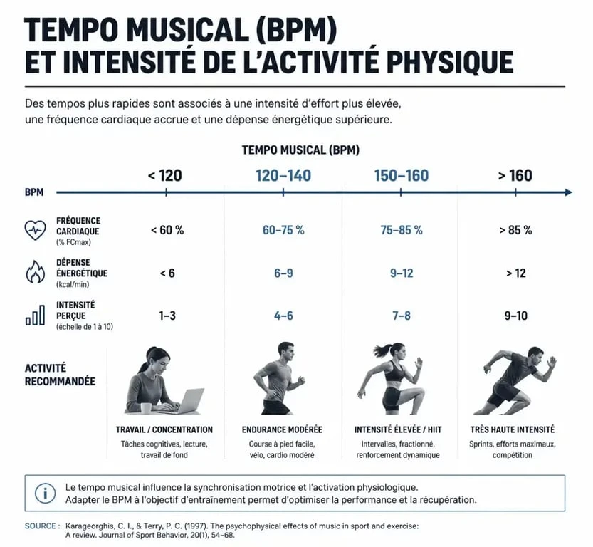 Infographie sur l'impact du tempo musical et des BPM sur la motivation et la performance sportive