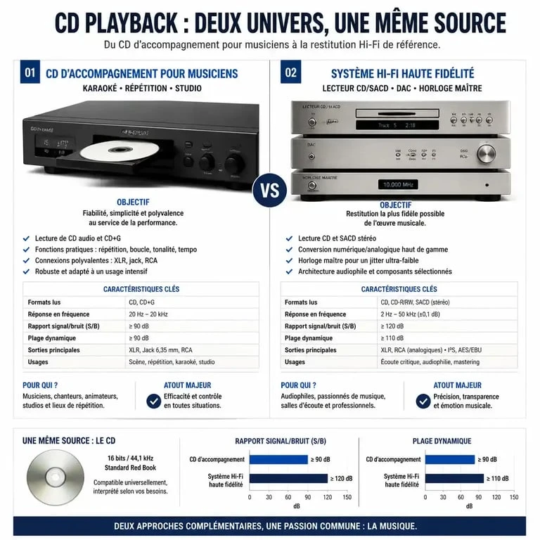 Comparatif des usages du CD playback : accompagnement musical pour musiciens et lecture haute fidélité pour audiophiles.
