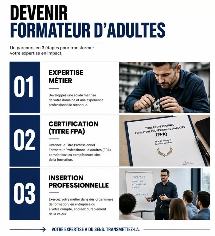 Infographie des étapes pour devenir formateur d'adultes et obtenir le titre professionnel FPA