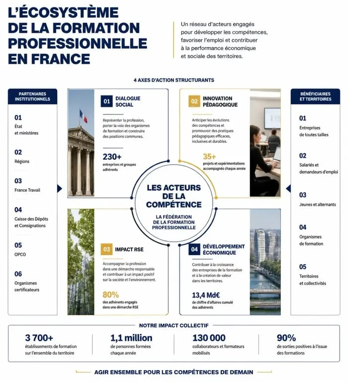 Infographie illustrant l'écosystème et les missions de la fédération Les Acteurs de la Compétence dans le secteur de la formation professionnelle.