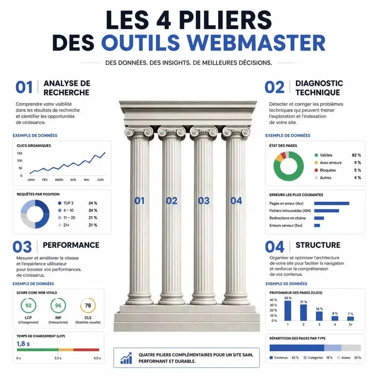 Infographie des outils webmaster essentiels pour le SEO et la performance technique d'un site internet