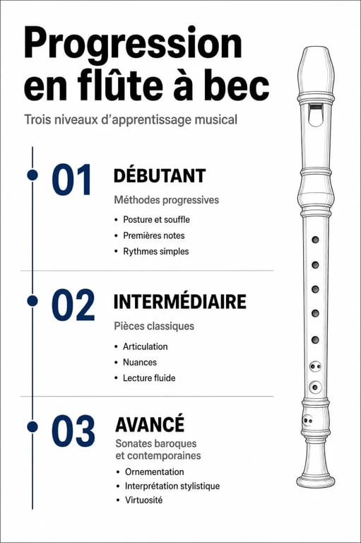 Infographie récapitulative des niveaux de difficulté pour partition pour flûte à bec