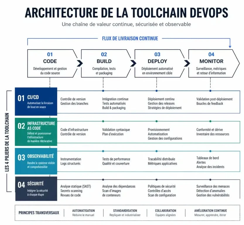 Schéma de la chaîne d'outils DevOps illustrant les étapes de CI/CD, IaC, monitoring et sécurité pour une architecture logicielle robuste.