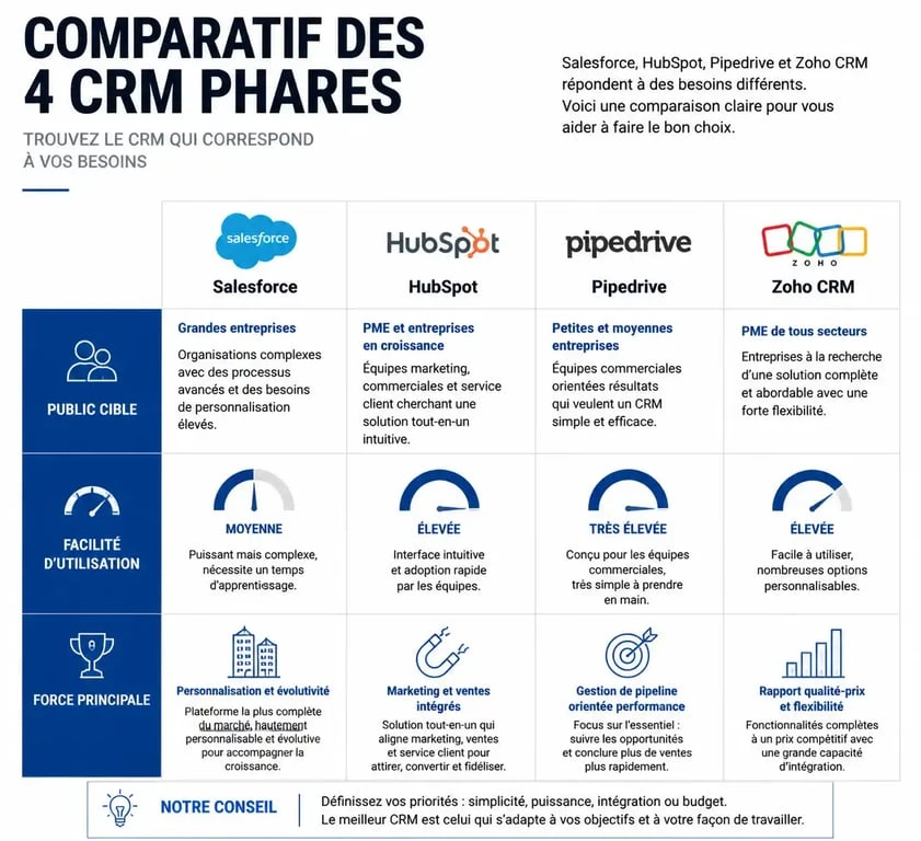 Infographie comparative des meilleurs logiciels CRM : Salesforce, HubSpot, Pipedrive et Zoho pour choisir la solution adaptée à votre entreprise.