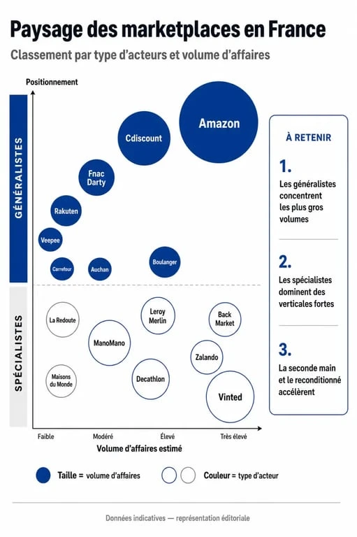 Infographie du paysage des marketplaces en France : classement des plateformes e-commerce leaders.