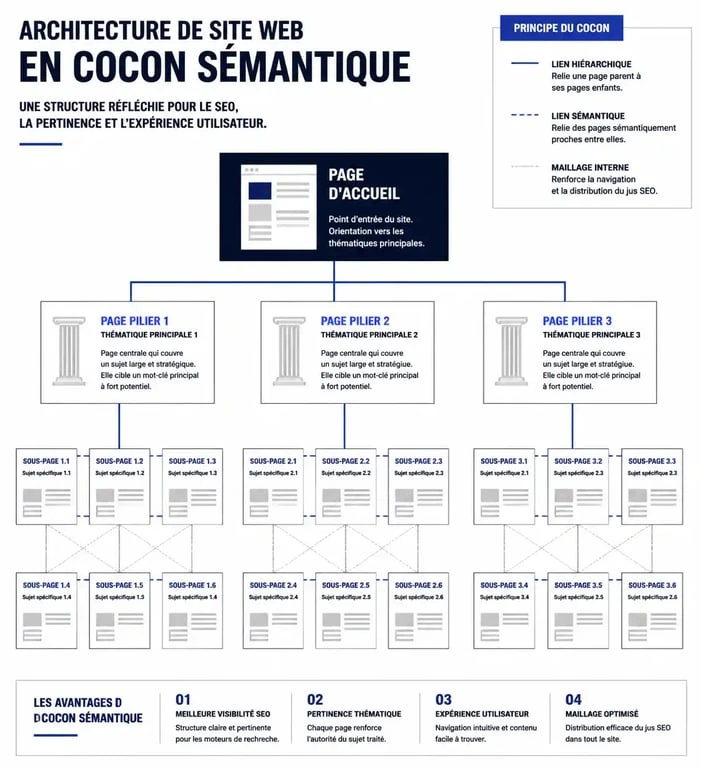Schéma d'architecture de site web en cocon sémantique pour l'optimisation SEO