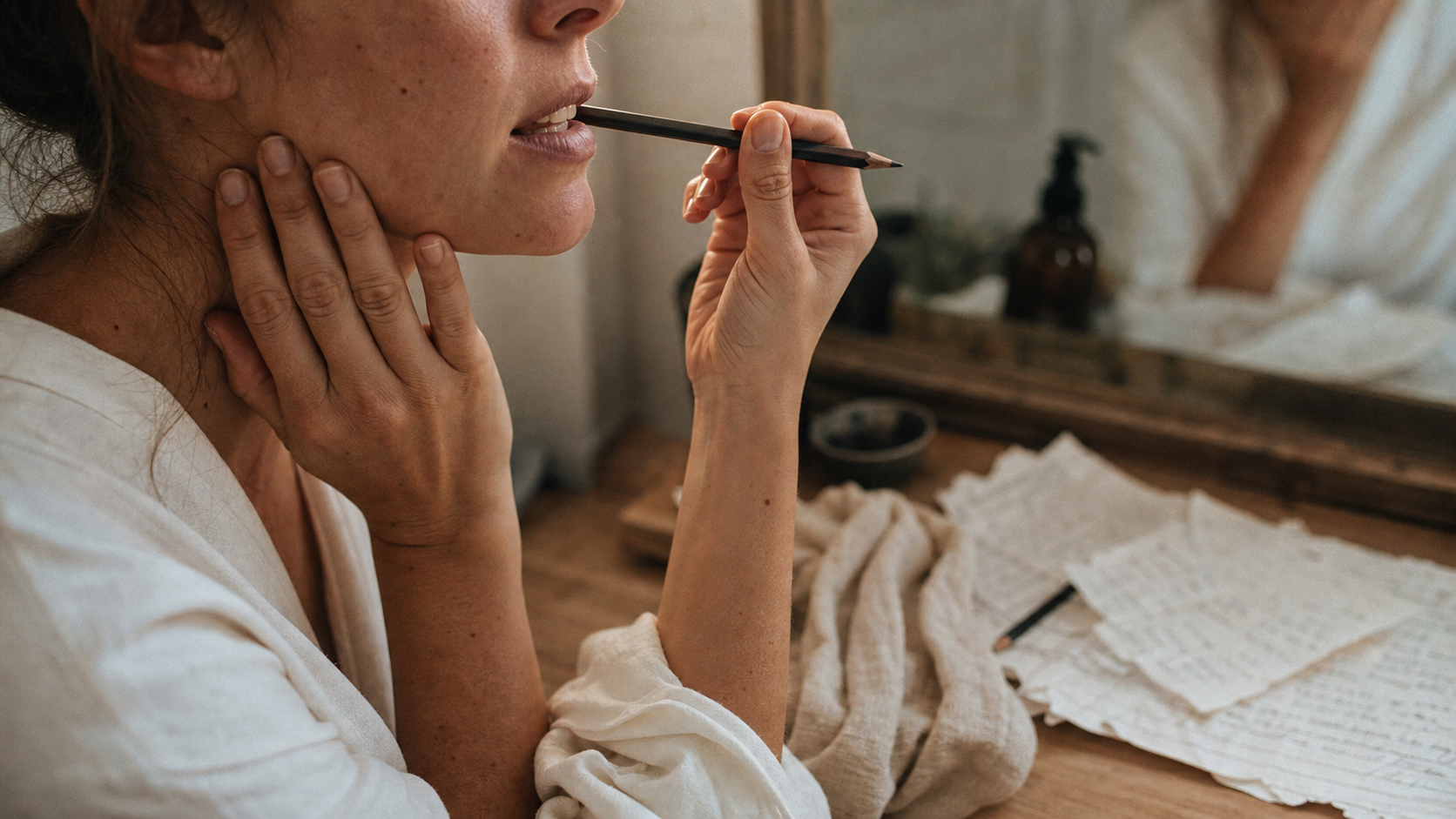 Exercice elocution : main sur la mâchoire et crayon pour muscler la diction
