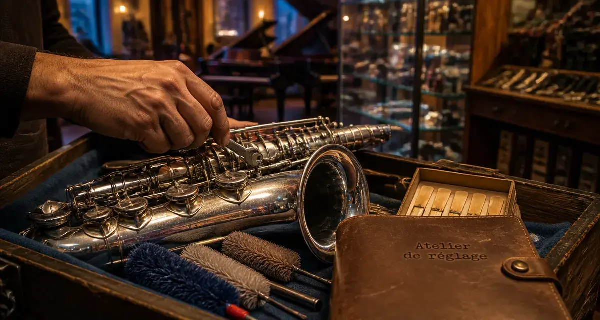 Magasin de musique à Tours : atelier de réglage d’un saxophone