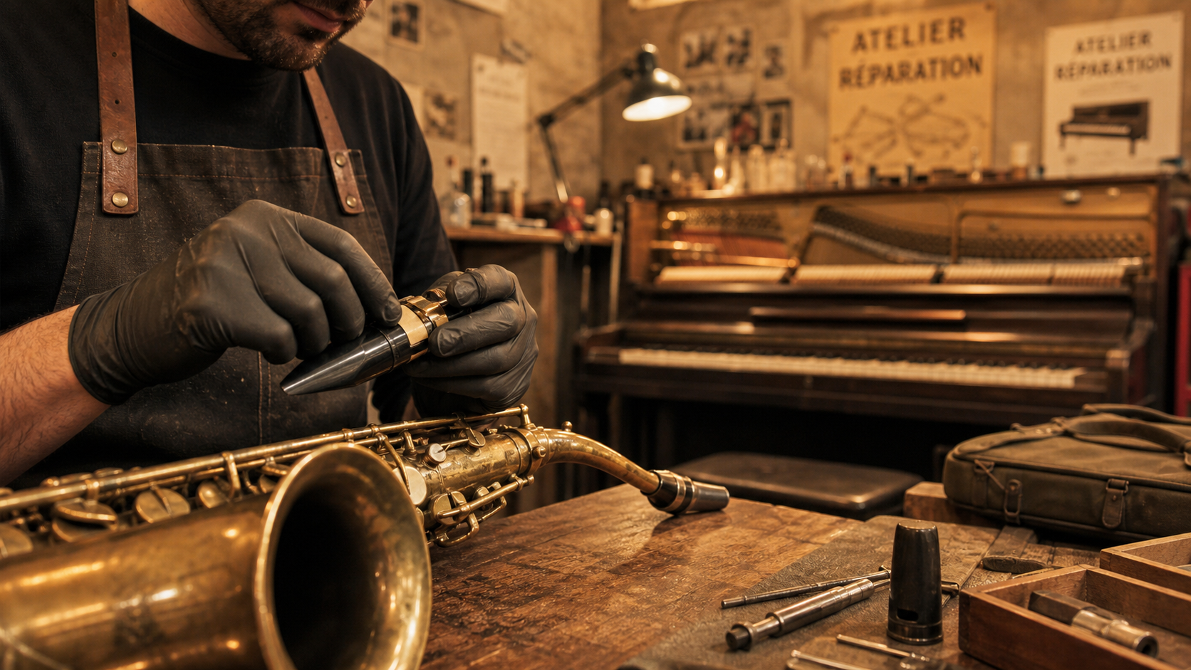Magasin de musique à Tours : technicien répare un saxophone en atelier