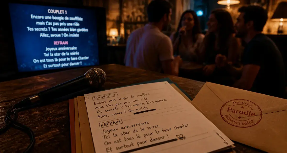 Parodier une chanson pour un anniversaire : micro et paroles sur table pour 4 étapes