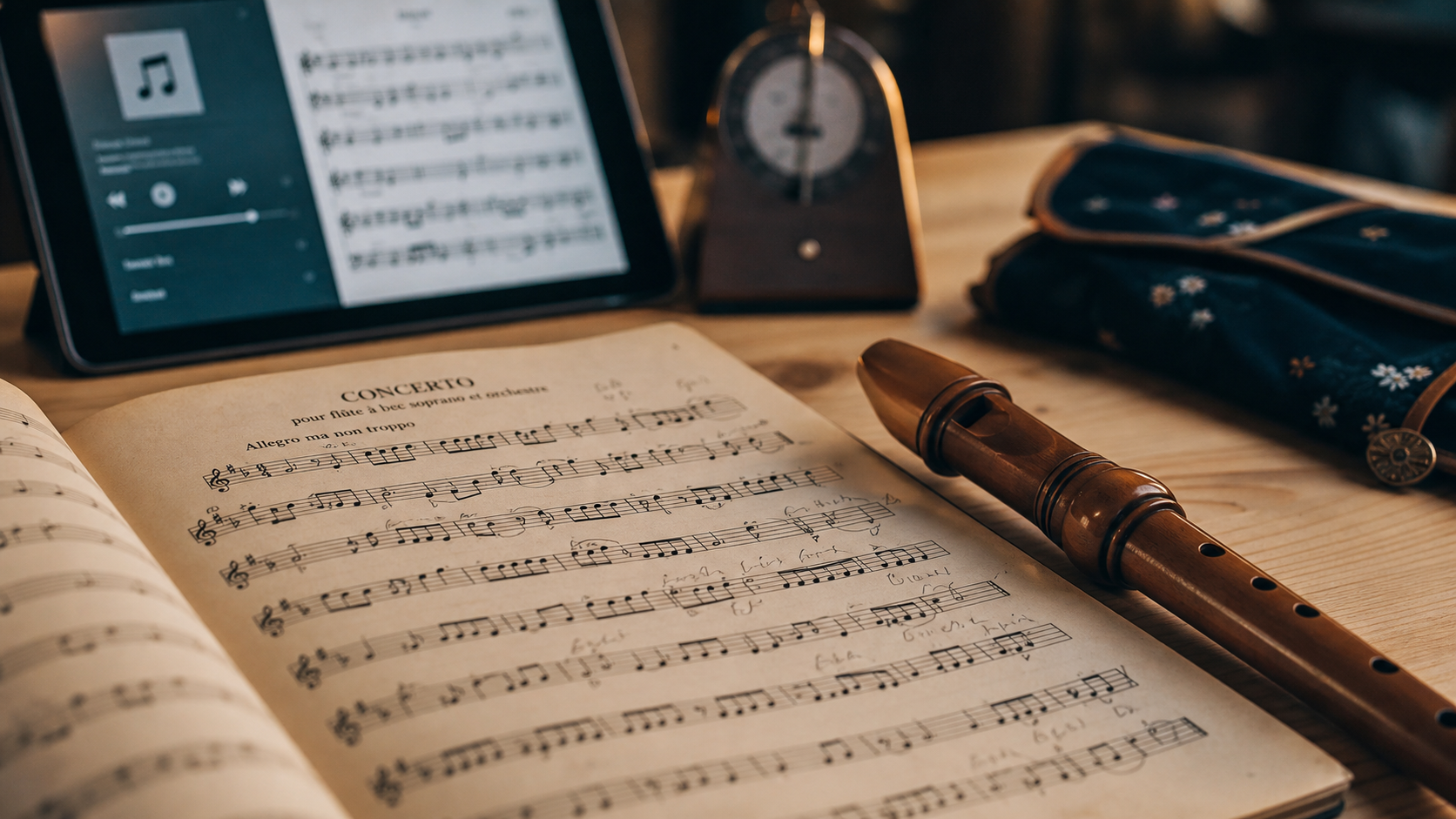 Partition pour flute a bec sur table, flûte à bec et notes
