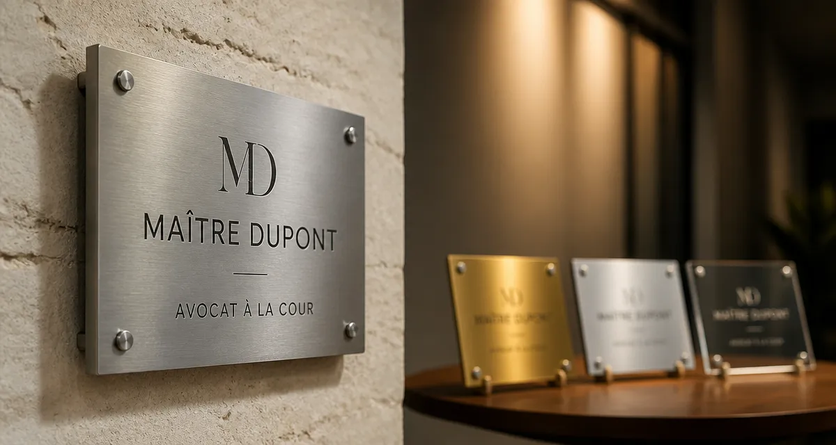 Plaque profession libérale rectangulaire sur hall, trois matériaux comparés : laiton, aluminium, plexiglas