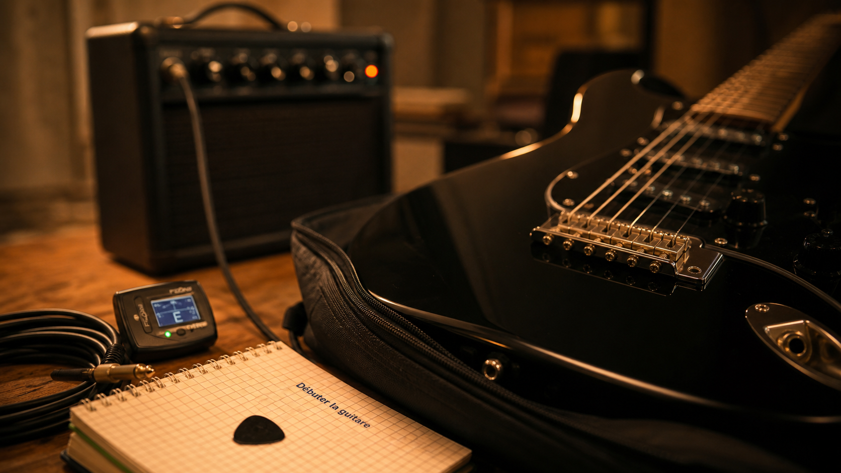 Débutant guitare électrique : matériel et routine 15 à 30 minutes sur table