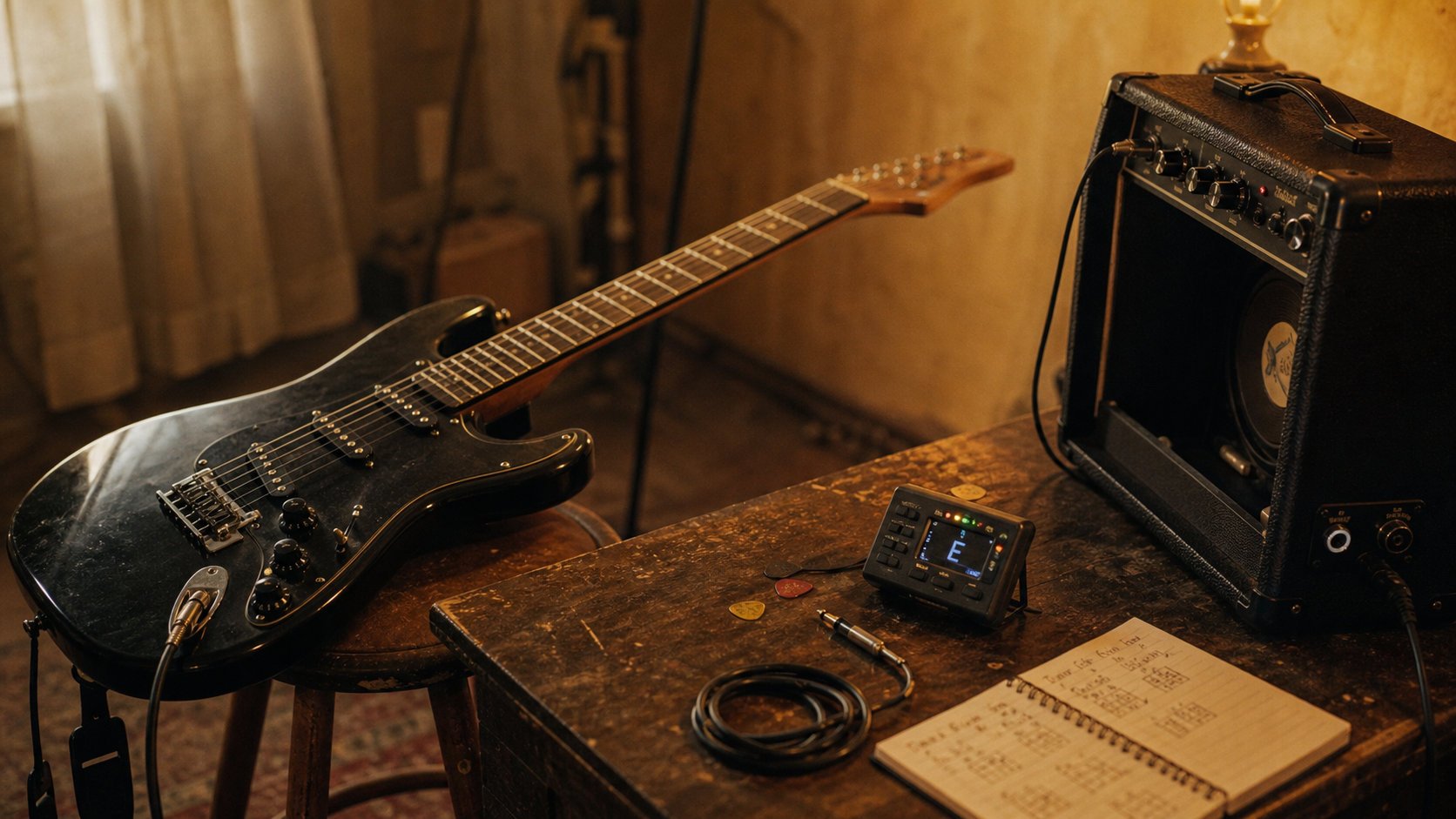 Débutant guitare électrique : guitare, ampli et accordeur pour apprendre vite