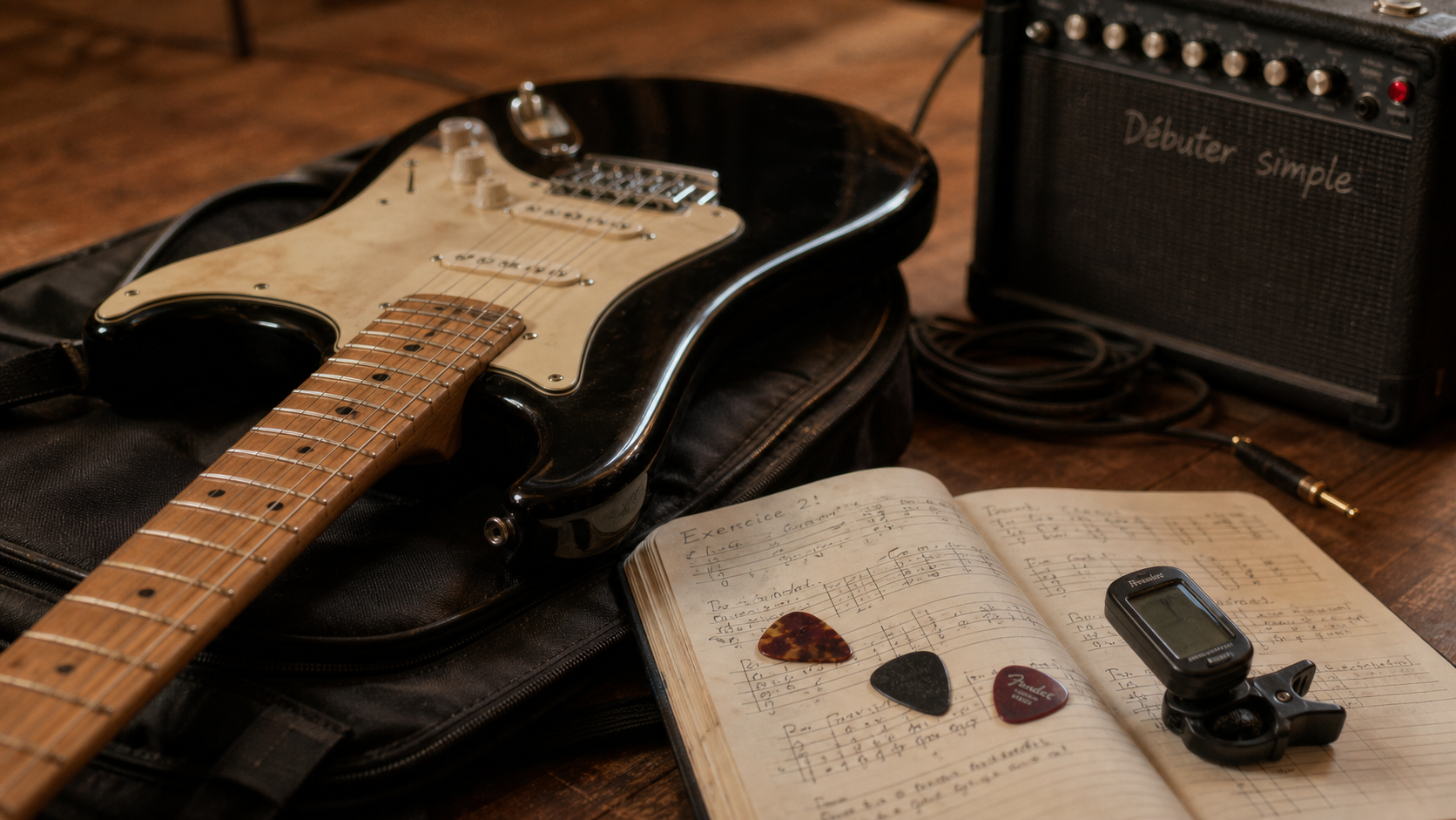 Débutant guitare électrique : guitare, médiators et accordeur pour routine 15–30 minutes