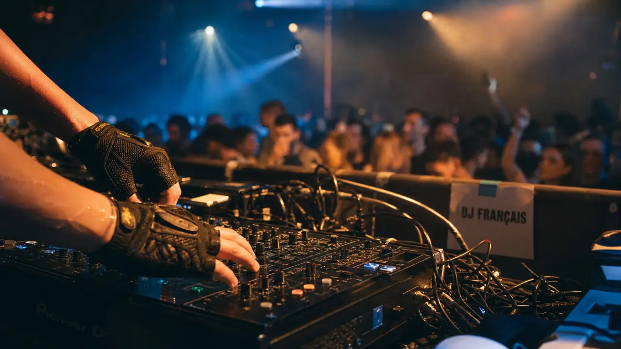 DJ français connu à Paris : mains sur contrôleur, scène et foule floue