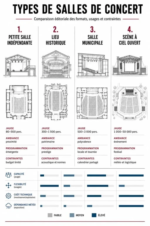 Infographie comparative des différents types de salle de concert et leurs caractéristiques