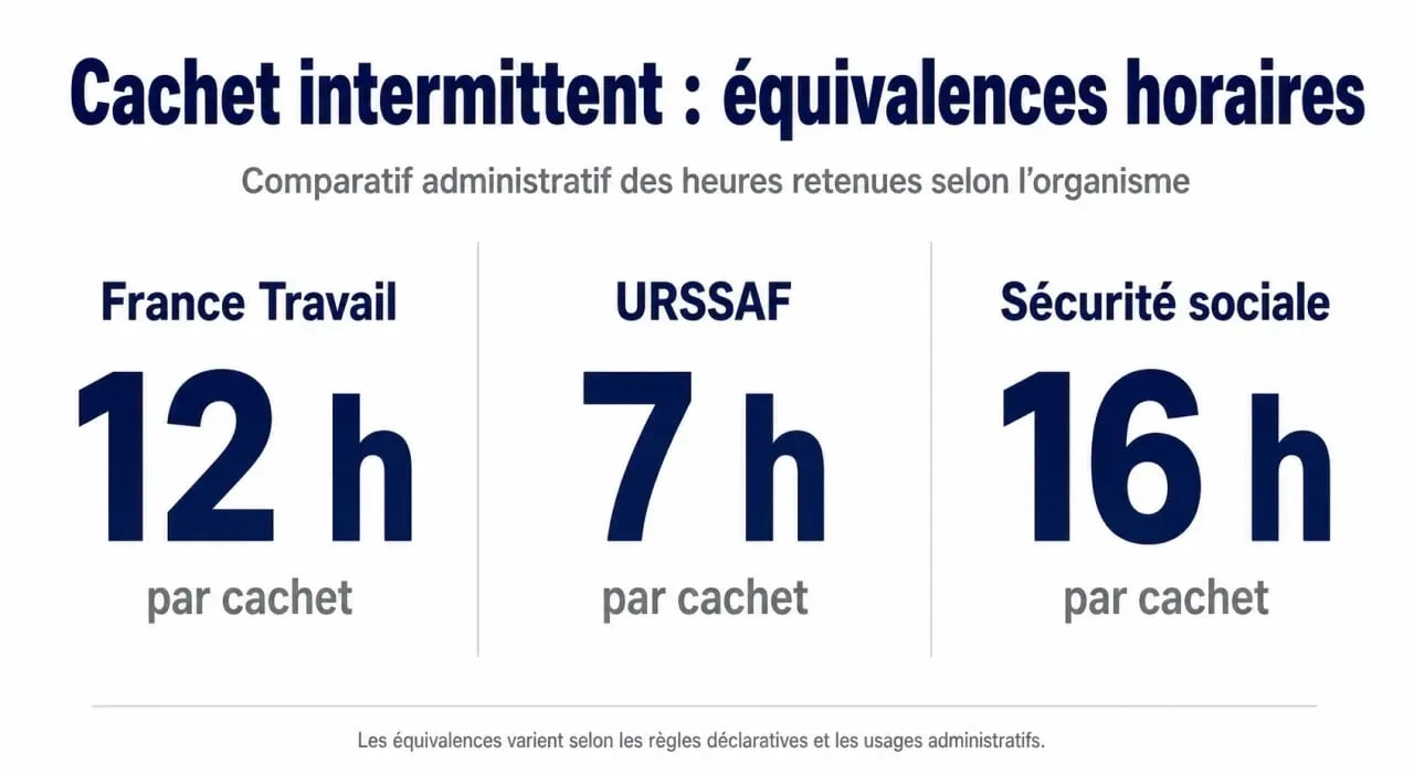Comparatif du cachet intermittent du spectacle : 12 heures, 7 heures et 16 heures selon l’organisme