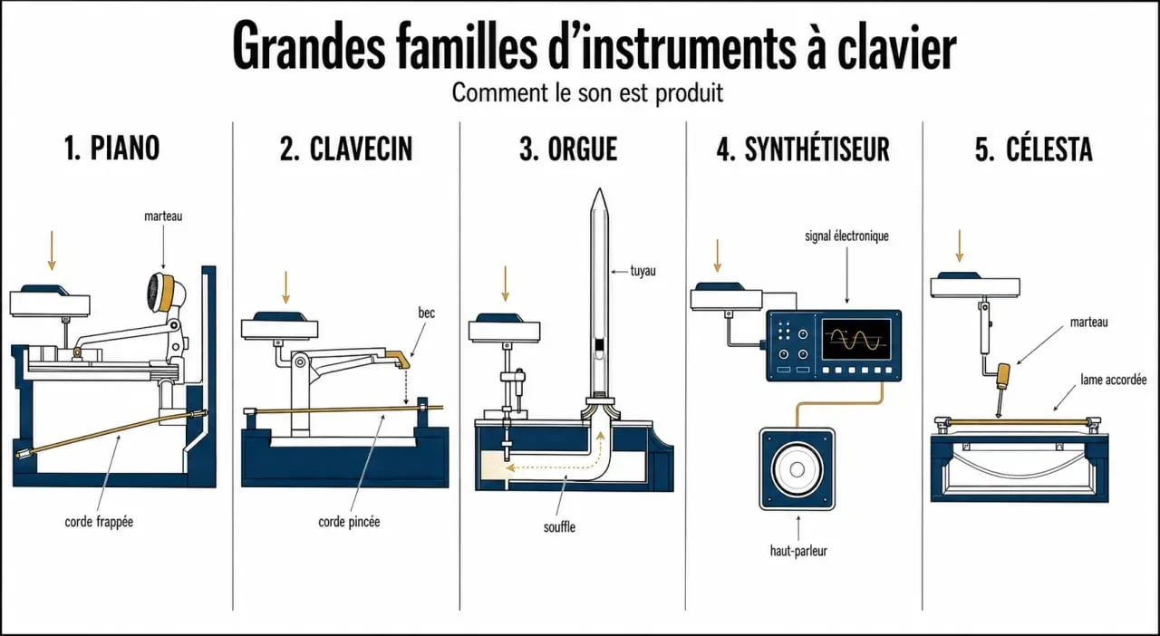 Instrument de musique à clavier : comparaison visuelle des grandes familles et mécanismes