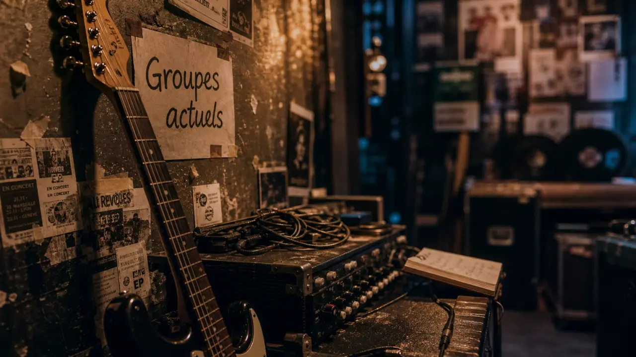 Photo backstage pour groupes français actuels : guitare, EP et affiches froissées