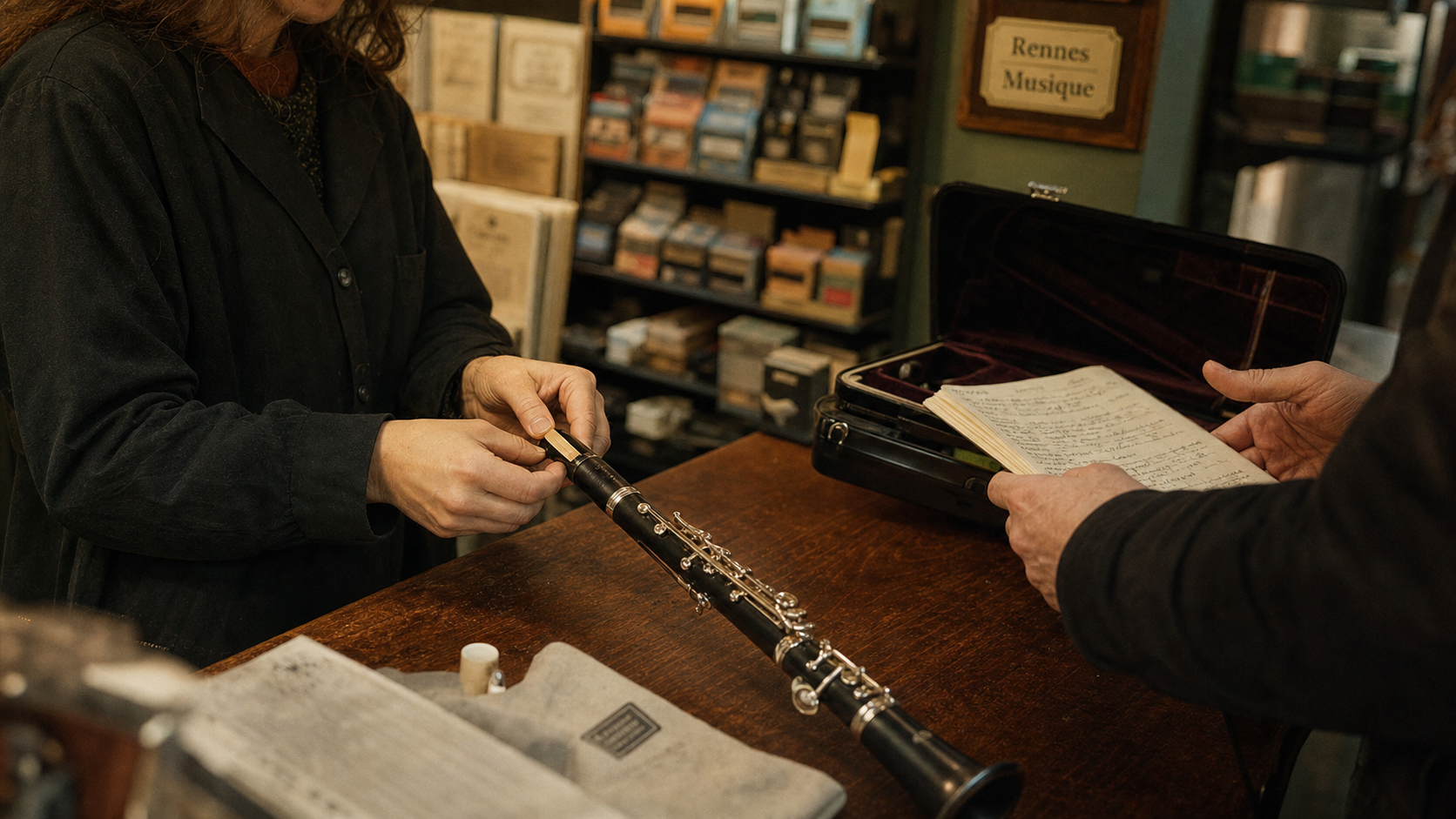 Magasin de musique à Rennes : vendeuse ajuste une embouchure