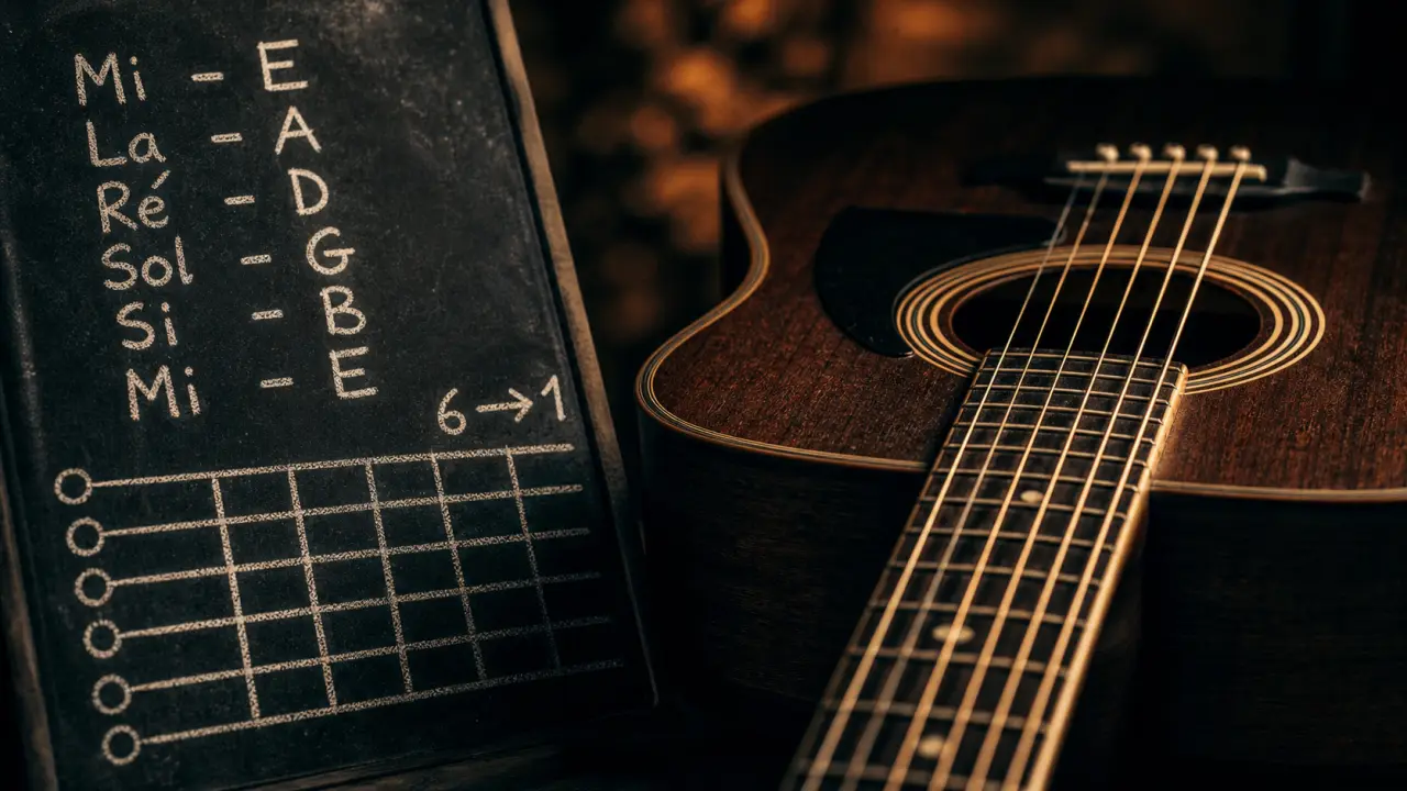 Nom des cordes guitare : Mi La Ré Sol Si Mi (E A D G B E)